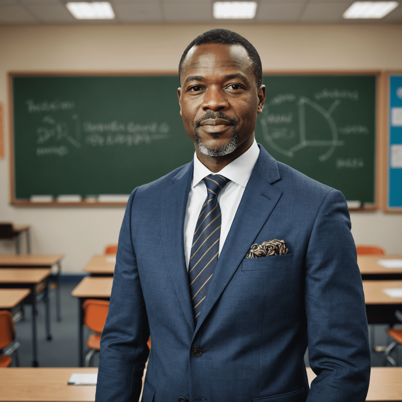 Portrait of Dr. Themba Nkosi, an African man in his 40s wearing a professional suit, standing in front of a classroom with digital learning tools visible in the background