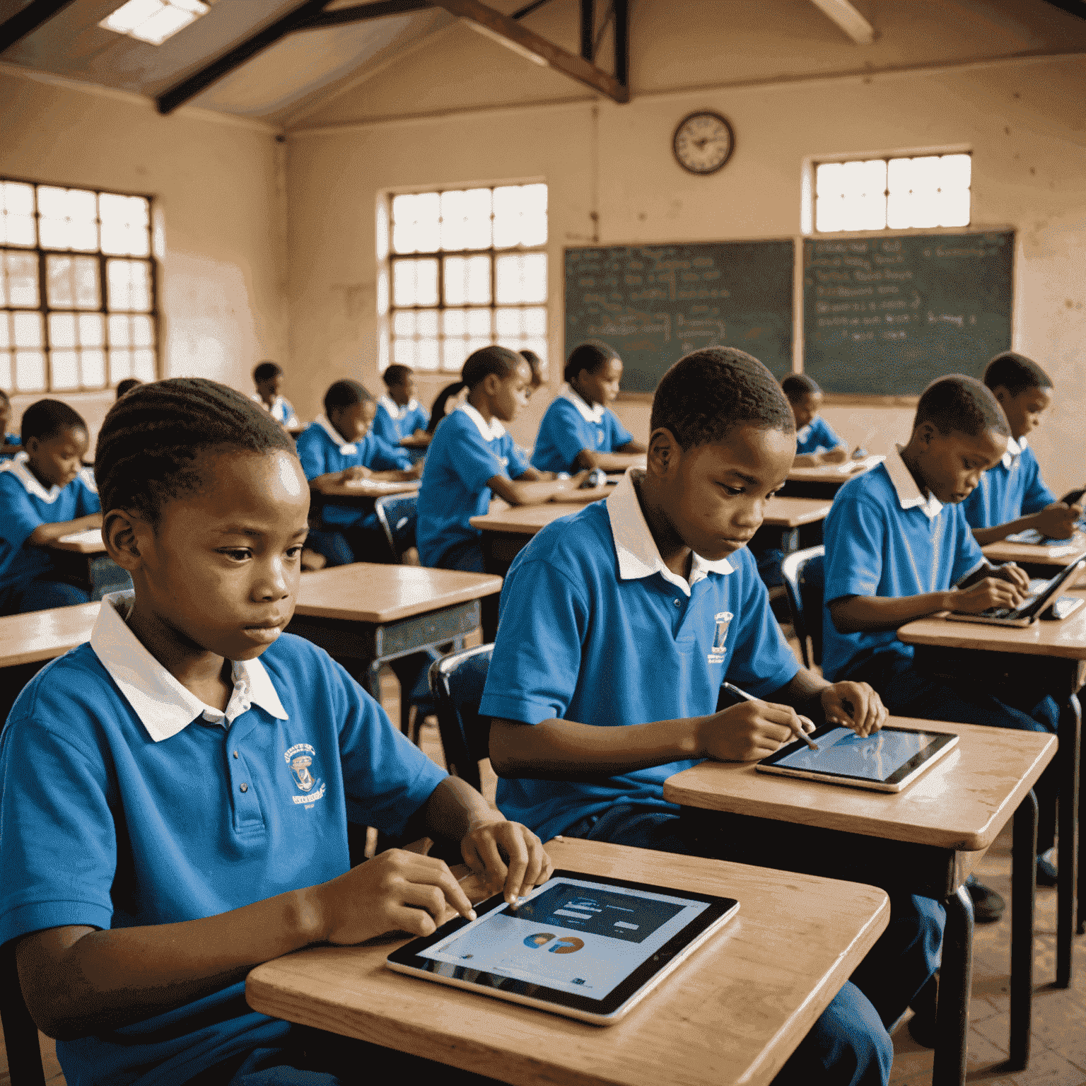 A classroom in a rural South African school with students using tablets, juxtaposed with a modern computer lab in an urban school, illustrating the digital divide