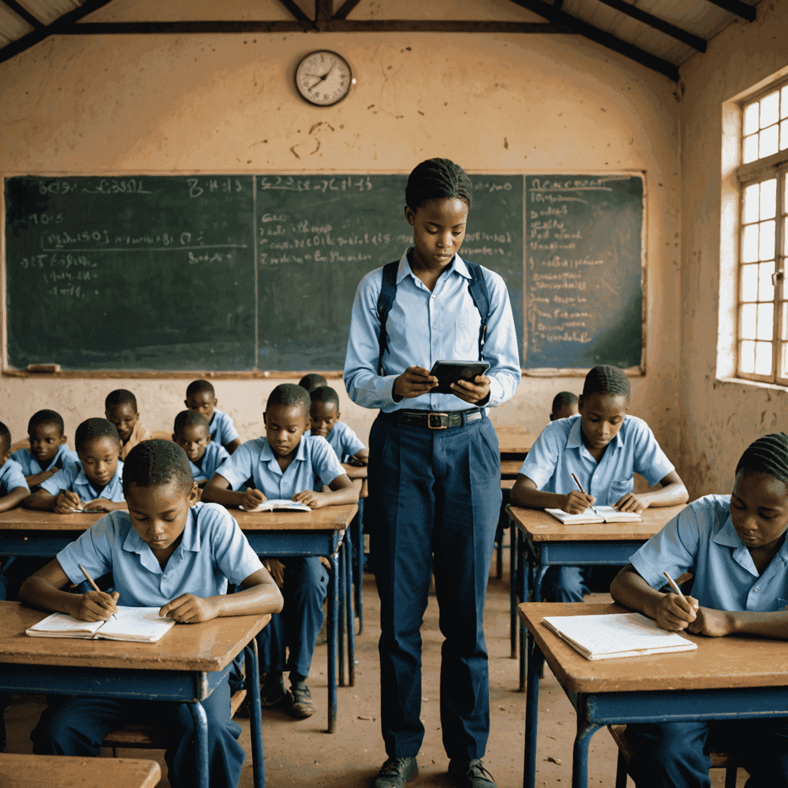 A classroom in a rural South African school, with students gathered around a single tablet device. The background shows basic infrastructure, highlighting the resource limitations.