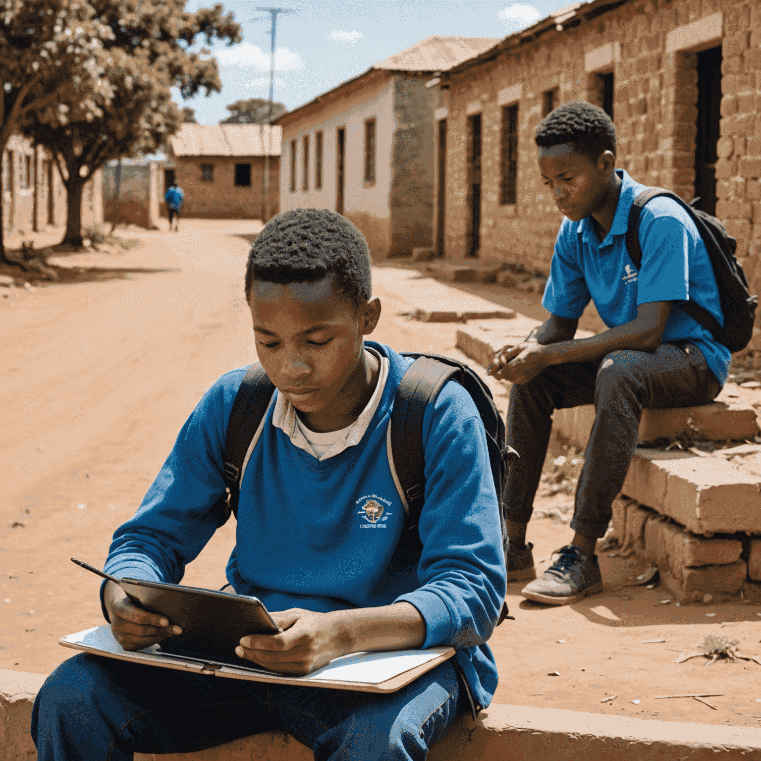 A split image showing a student in a rural area struggling with limited digital access on the left, and a student in an urban area comfortably using advanced digital learning tools on the right, symbolizing the digital divide in South African education during COVID-19