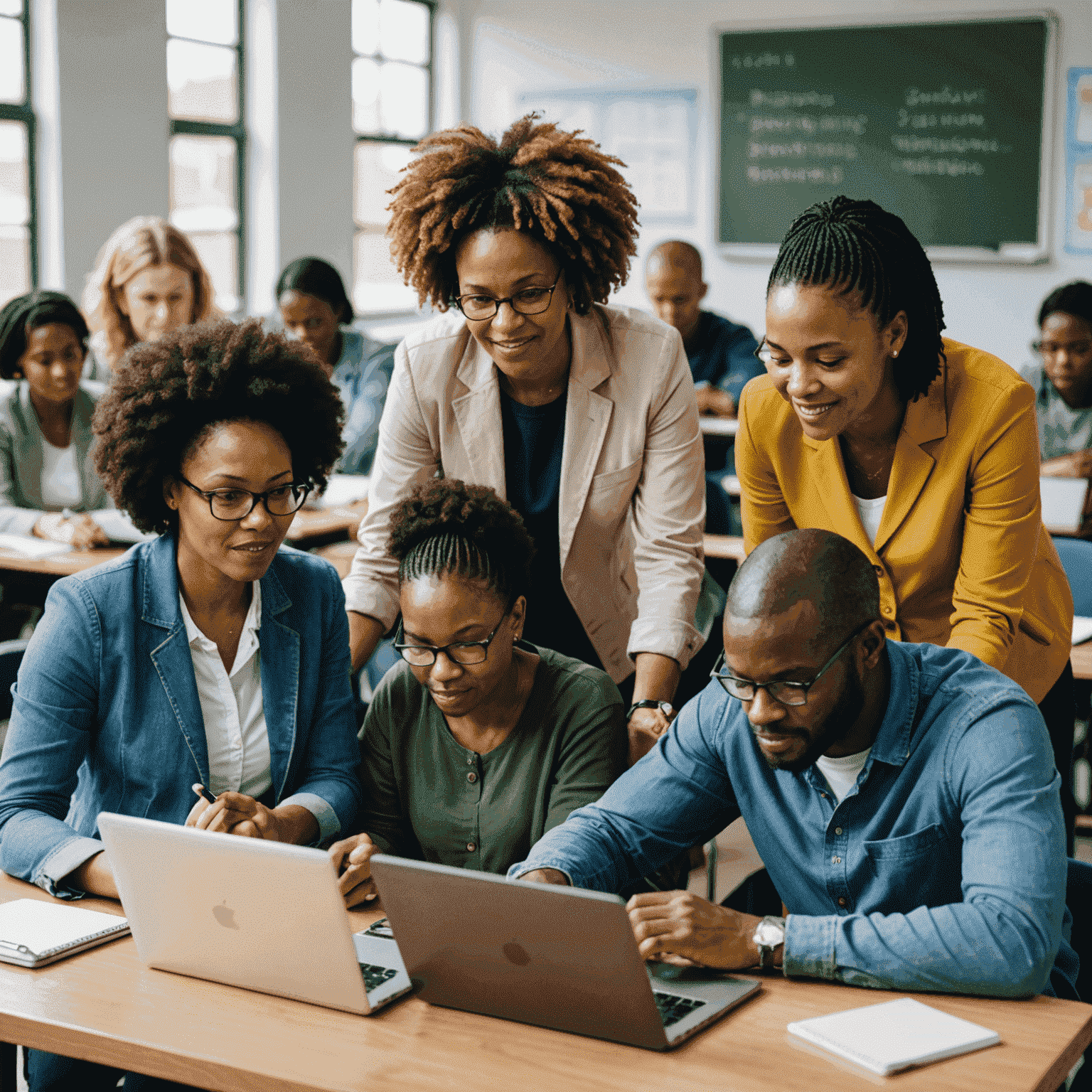 A diverse group of South African teachers engaged in a digital skills workshop, using laptops and tablets in a modern classroom setting