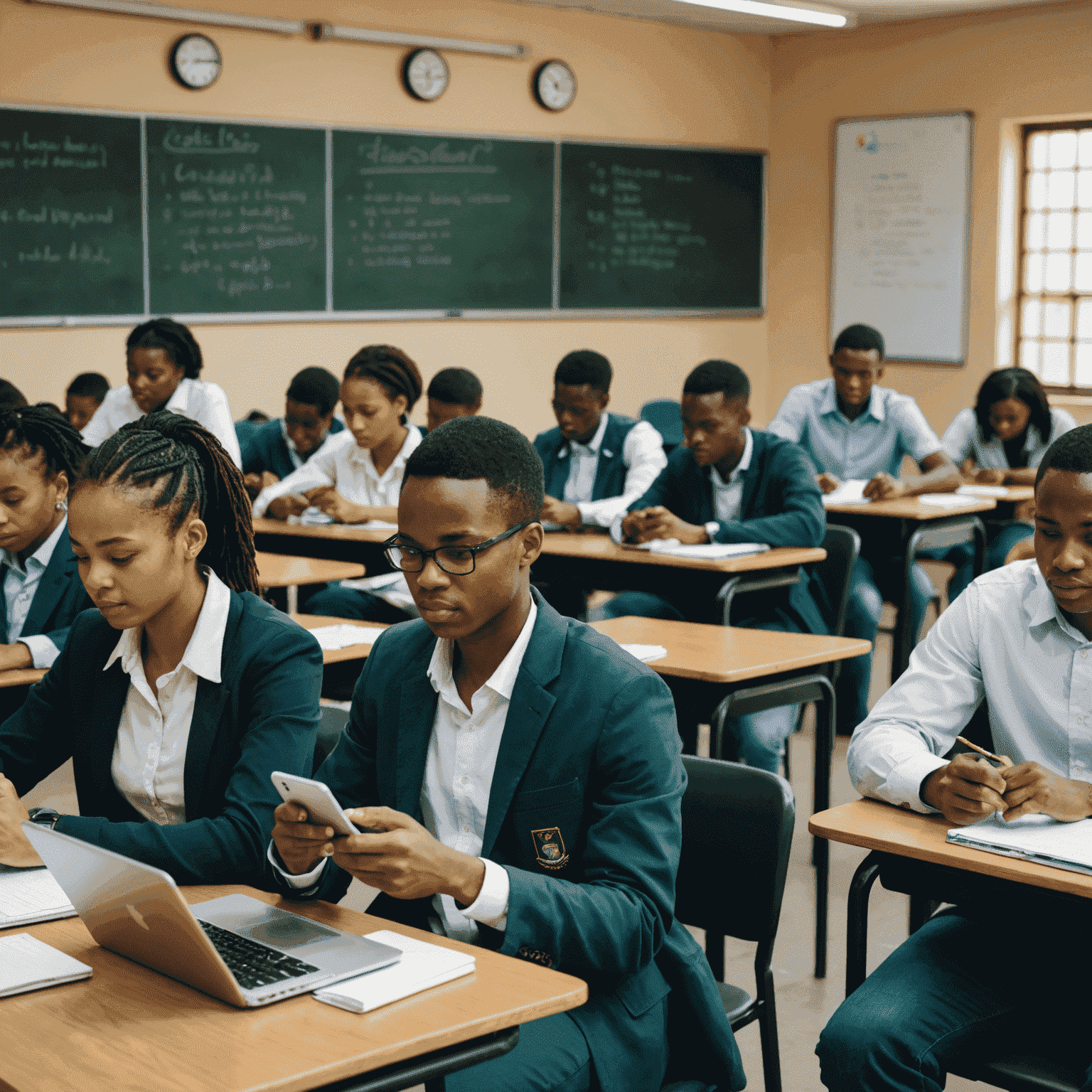 South African students using digital devices in a classroom, with government officials and private sector representatives observing in the background