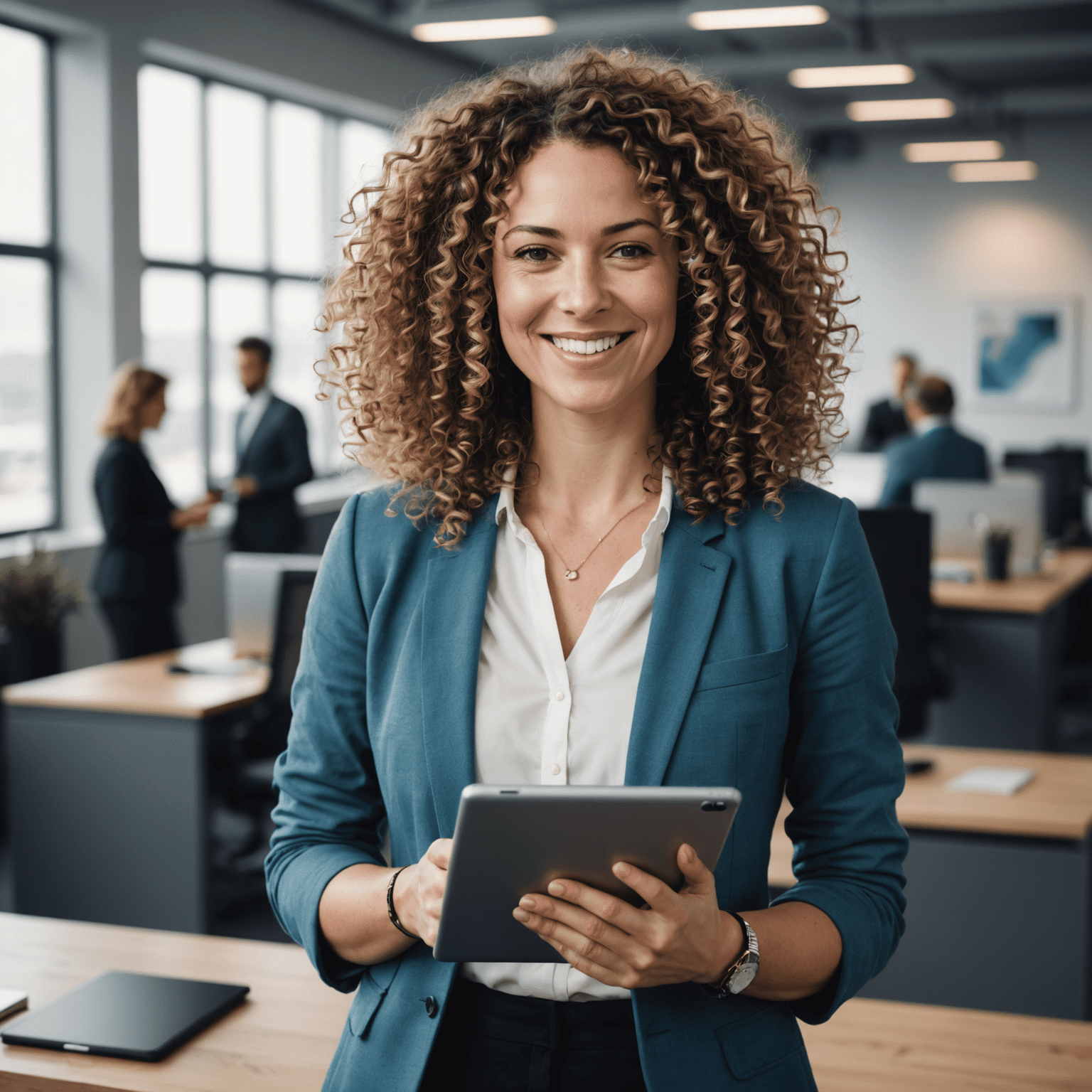 Portrait of Sarah van der Merwe, a woman in her 30s with curly hair, smiling and holding a tablet, standing in a modern office environment