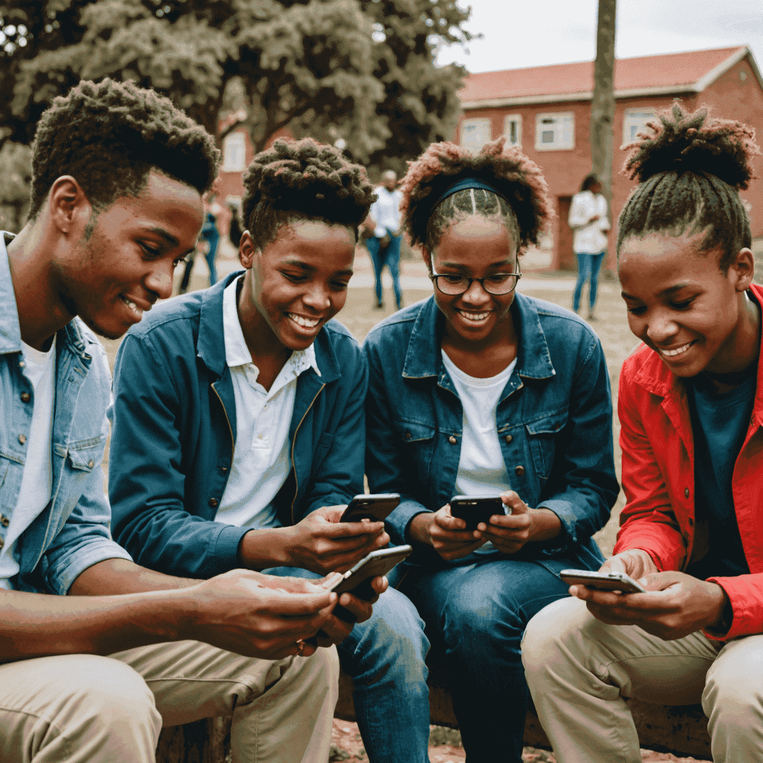 A group of South African students using smartphones for an interactive learning session outdoors. The image shows a mix of engaged faces and basic mobile devices, illustrating the accessibility of mobile learning.