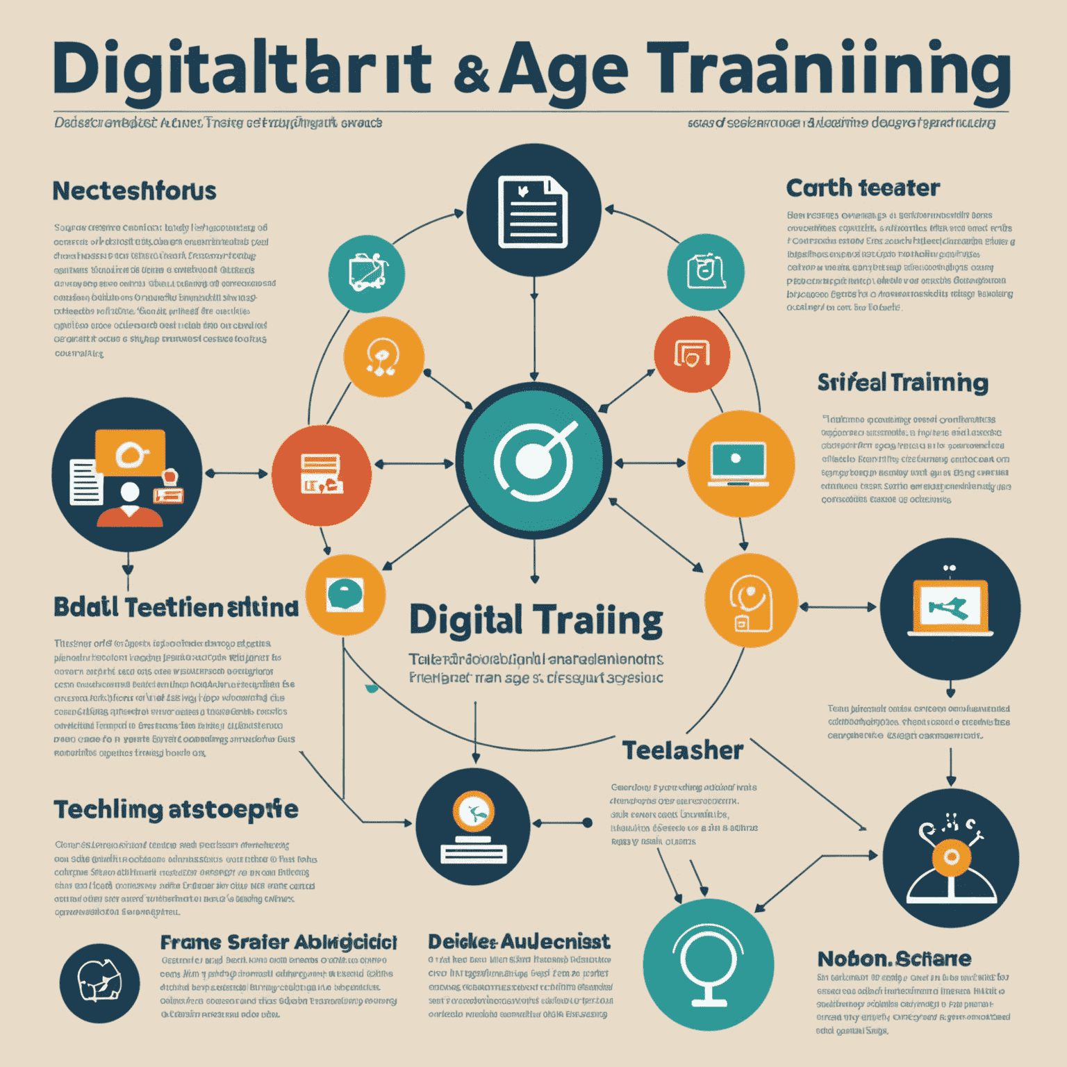 An infographic showing the key components of digital age teacher training, with icons representing each aspect mentioned above