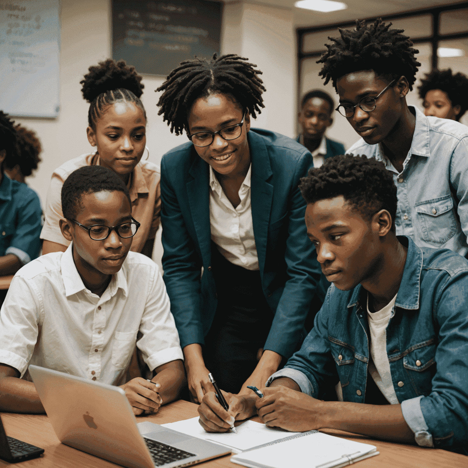 A diverse group of South African students collaborating on a digital project, symbolizing a future of equal digital access