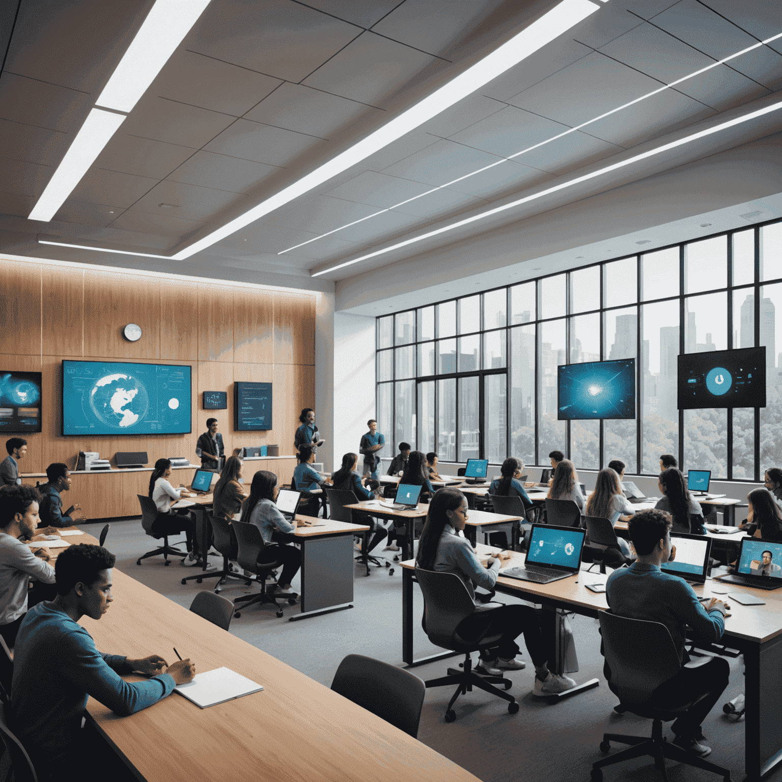 A futuristic classroom setting showing a blend of in-person and digital learning, with students from diverse backgrounds collaborating through advanced technology