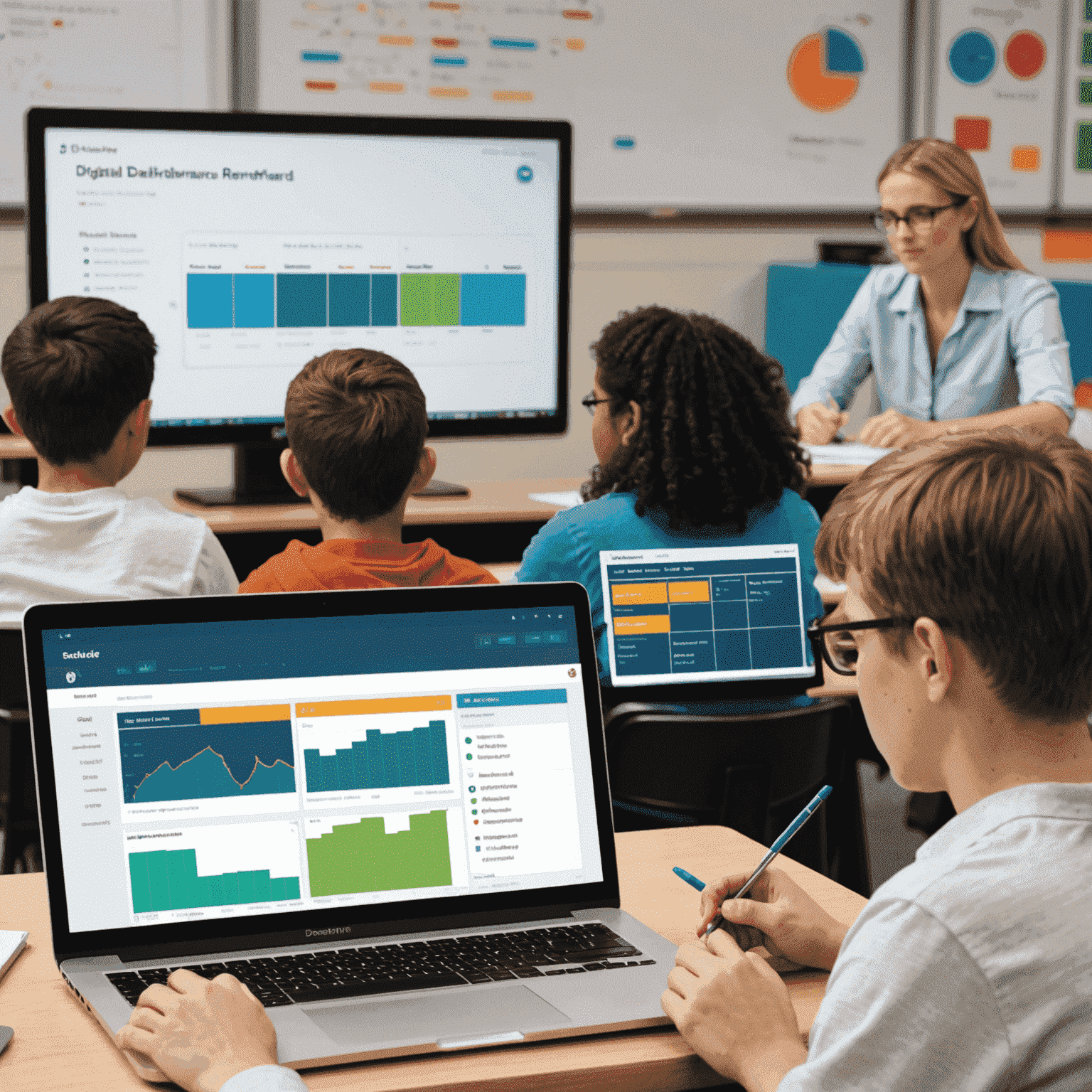 A split-screen image: on one side, a teacher using a digital dashboard to track student performance; on the other, students engaged in a collaborative online learning session